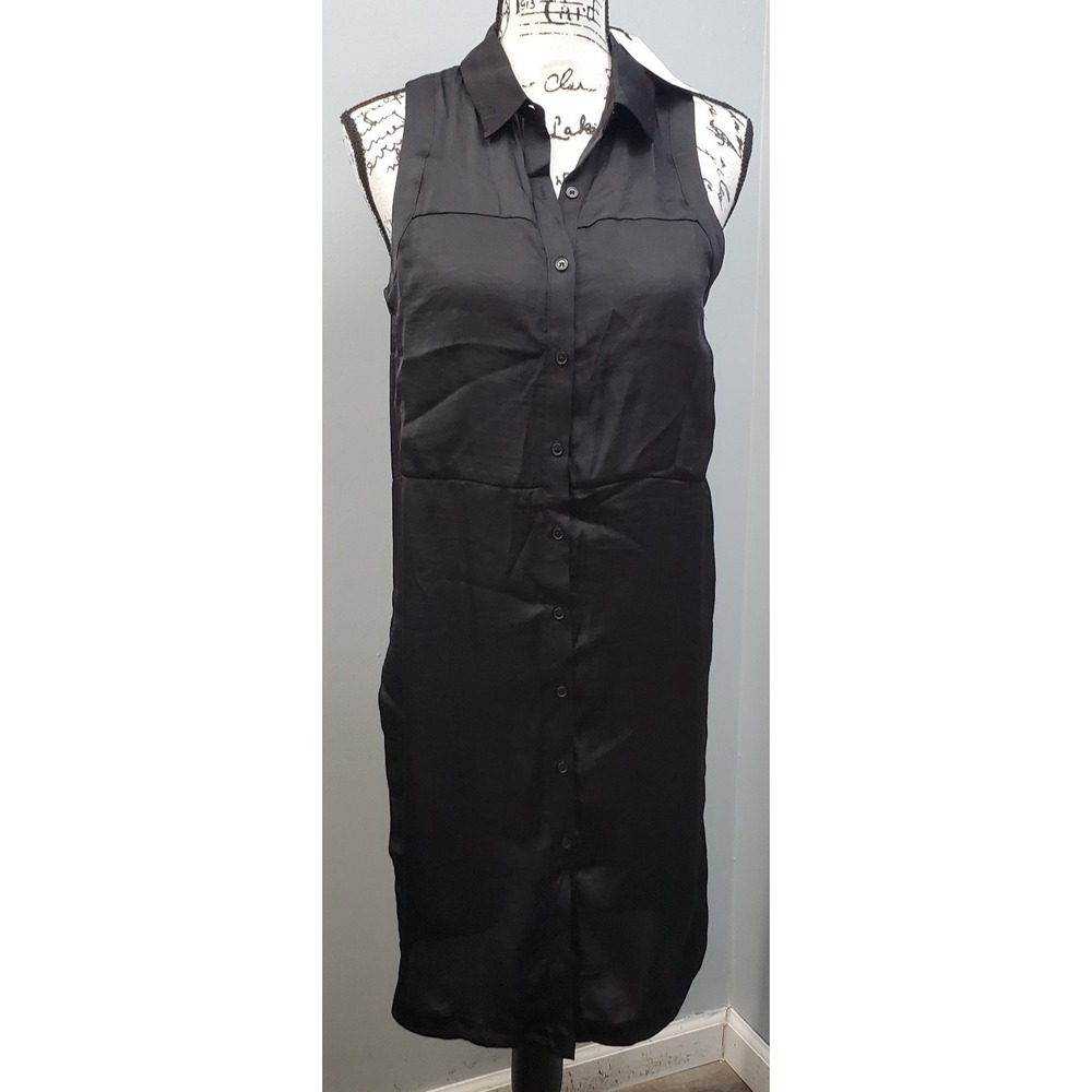 Ro & De by Anthropologie Shirt Dress Women's S Black Satin Collared Button Front
